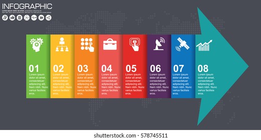 Infographics Of Arrow With Colored Sections. Business Chart, Graph, Diagram With 8 Steps, Options, Parts, Processes. Vector Template For Presentation.