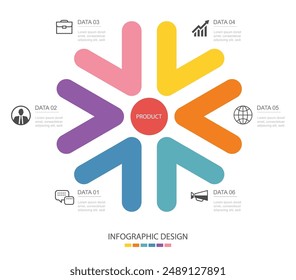 Infographics arrow shape with 6 number data template. Illustration abstract background.