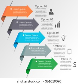 Infographics arrow template. Can be used for workflow layout, banner, diagram, web design. Business concept with 5 options, parts, steps or processes