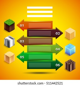 Infographics with arrows about natural resources. Cubes from earth, water, sand, wood, metal