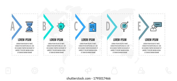 Infographics arrows with five arrows and icons. Line vector template. Can be used for diagram, web, banner, workflow layout, presentations, levels, chart, processes diagram. Data visualization.