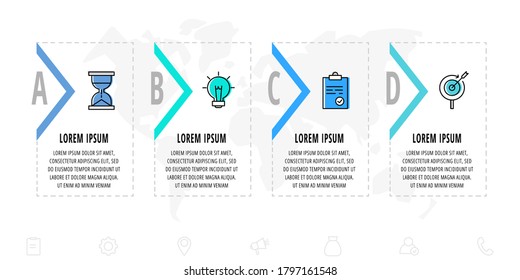 Infographics arrows with four arrows and icons. Line vector template. Can be used for diagram, business, web, banner, presentations, levels, chart, processes diagram. Data visualization.