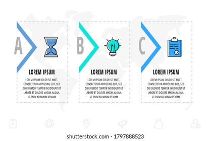 Infographics arrows with three arrows and icons. Line vector template. Can be used for diagram, business, web, workflow layout, presentations, flowchart, chart, processes diagram. Data visualization.