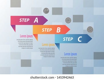 Infographics with arrows three options on a background with light blue and dark squares