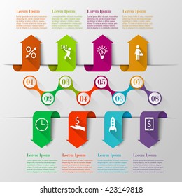 Infographics arrows timeline template. Can be used for workflow layout, banner, diagram, web design. Vector design business concept with 8 steps or options