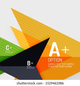 Infographics with a b c steps, option workflow layout diagram, triangle geometric shapes. Vector art