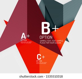 Infografías con pasos b c, diagrama de diseño de flujo de trabajo de opciones, formas geométricas triangulares. Arte vectorial