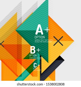 Infographics with a b c steps, option workflow layout diagram, triangle geometric shapes. Vector art