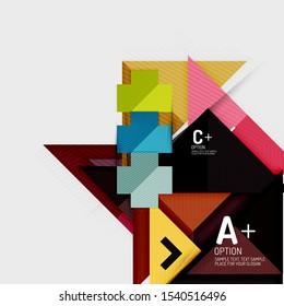 Infographics with a b c steps, option workflow layout diagram, triangle geometric shapes. Vector art
