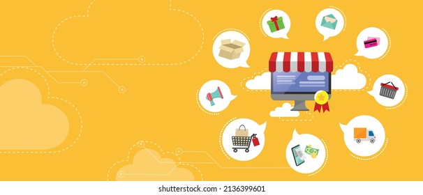 infographics background E-commerce. Business concept. Shopping and Marketing icons. E- marketing vector banner design. Online shop. Digital Marketing computer, store, shopping concept. Striped awning