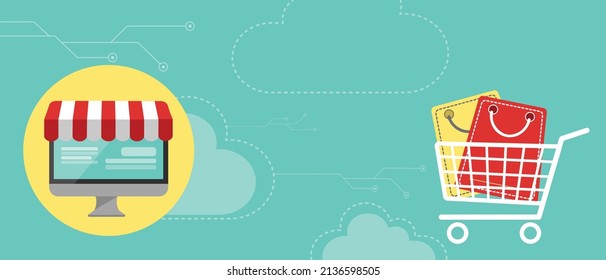 infographics background E-commerce. Business concept. Shopping and Marketing icons. E- marketing vector banner design. Online shop. Digital Marketing computer, store, shopping concept. Striped awning