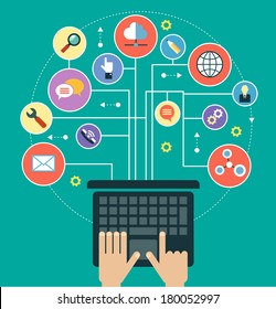 Infographics background laptop in the Social Media Network. Concept Internet comunications. Set icons
