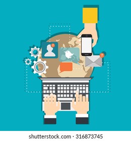 Infographics background network communication. Concept Internet comunications. Set icons