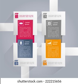 Infographics background with rectangular elements and icons in every option - four steps
