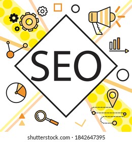 Infographics background seo optimization. SEO concept on white background in square frame. Diagrams, charts, gear and magnifier sign, megaphone. Increasing the visibility of the site in search engines
