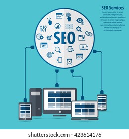 Infographics background seo optimization. SEO concept. Set icons