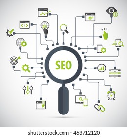 Infographics background seo optimization. SEO concept. Icon set,