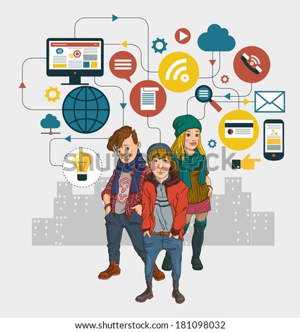 Infographics background social media network. Concept Internet comunications. Set icons. Group of modern  teenagers.