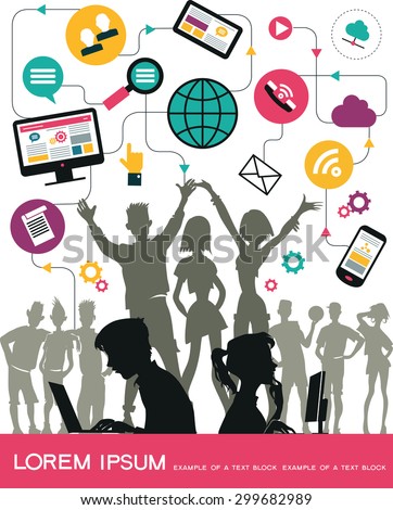 Infographics background social media network. Vector. Concept Internet comunications. Set icons. Silhouette of a group of young people to communicate on the network. Isolated objects. 