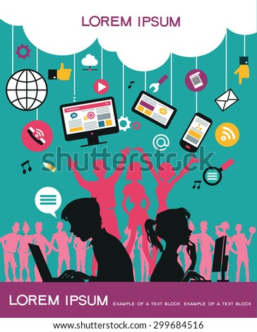 Infographics background social media network. Vector. Concept Internet comunications. Set icons. Silhouette of a group of young people to communicate on the network. Isolated objects. 