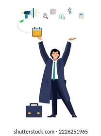 Infographics, banner. Startup, work, jobs. A businessman plans a business goal for the year. Financial success. Business presentation, template. Annual contract, report. Vector, illustration, design