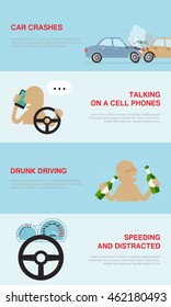 infographics banners collection with causes of car accidents, talk on a cell phone, drunk driving, speeding and distracted