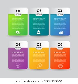 modelo de banners infográficos com 6 opções, pode ser usado para layout de fluxo de trabalho, diagrama, site, relatório corporativo, publicidade, vetor de marketing.