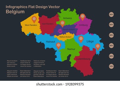 Infographics Belgium map, flat design colors, with names of individual regions, blue background with orange points vector