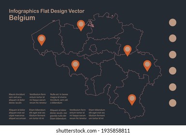 Infographics Belgium map outline, flat design, color blue orange vector