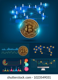 Infographics bitcoin digital currency futuristic technology network with world Map, Vector illustration layout template design