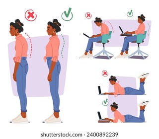 Infographics with Black Woman Showing Proper and Improper Body Postures for Standing, and Working on Laptop, Include Slouching And Hunching or Straight Spine Positions, Cartoon Vector Illustration