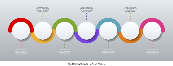 Infografik Blanko-Kreis-Design-Vorlage und Symbole mit 7 Optionen oder 7 Schritten. Verwendung als Workflow-Prozessdiagramm, Geschäftsdatendarstellung, Zeitplanlayout, Meilenstein, Banner, Broschüre, Flussdiagramm