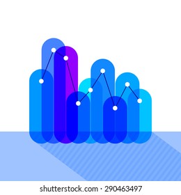 Infographics with blue overlapping bars and line graph