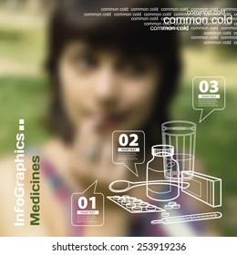 Infographics with blurry photographic background on the topic of drugs, pills and cold