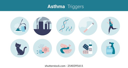 Infographics of bronchial asthma causes. Allergy, respiratory disease triggers, lungs and inhaler and asthma risk factors icons and signs. Horizontal banner for web or print. flat vector illustration