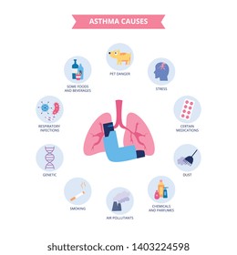 Infographics of bronchial asthma causes flat cartoon style, vector illustration isolated on white background. Respiratory disease triggers, lungs and inhaler and asthma risk factors icons