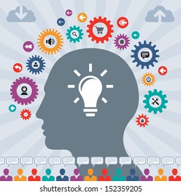 Infographics Buisness Concept - creative vector layout banner of social media. Human head silhouette with light bulb lamp, gears and icons set. 