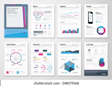 Infographics business brochures for corporate data visualization. Big set of modern infographic vector elements for web, print, magazine, flyer, brochure, media, marketing and advertising concepts.