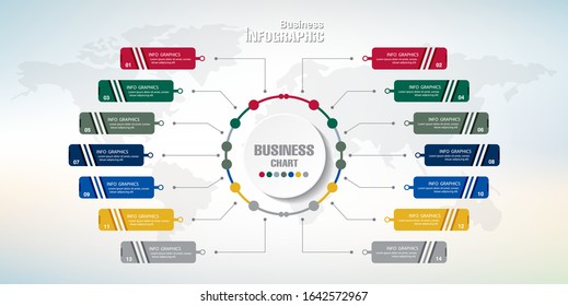 Infographics business data elements visualization, Abstract elements of graph, Process chart 14-steps concept. can be used web design or presentation, illustration vector background