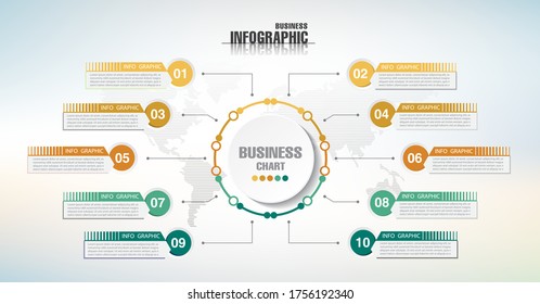 Infographics business data elements visualization, Abstract elements of graph, Process chart 10-steps concept. can be used web design or presentation, illustration vector background 