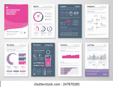 Infographics business elements and vector design illustrations. Use in website, corporate brochure, advertising and marketing. Pie charts, line graphs, bar graphs and timelines.