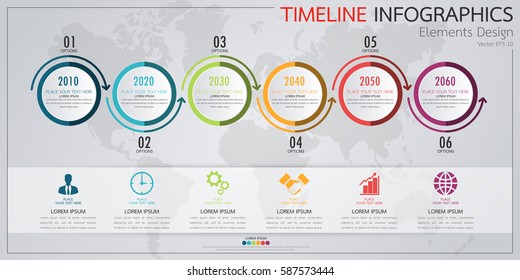 Infographics business horizontal timeline process chart template. Vector modern banner used for presentation and workflow layout diagram, web design. Abstract elements of graph 6 steps options.