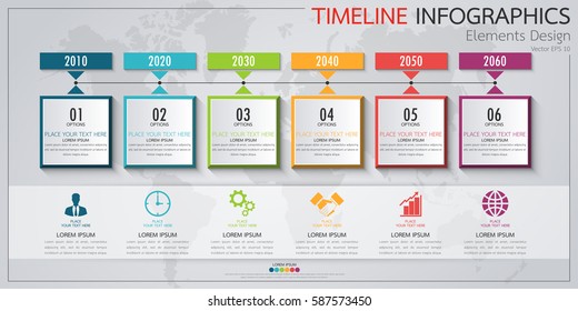 Infographics business horizontal timeline process chart template. Vector modern banner used for presentation and workflow layout diagram, web design. Abstract elements of graph 6 steps options.