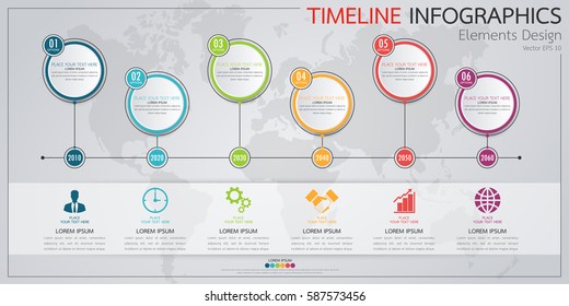 Infographics business horizontal timeline process chart template. Vector modern banner used for presentation and workflow layout diagram, web design. Abstract elements of graph 6 steps options.