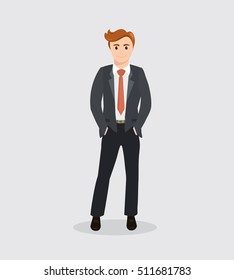 Infographics business man without face, hands in pockets. Full length portraits of elegant, handsome man in suit. Flat design. Vector cartoon illustration