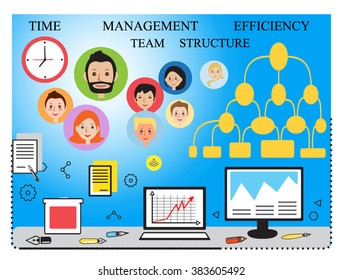 Infographics. Business people teamwork, management. Flat line design style modern vector illustration, concept team skills, website banner human resources, career opportunities, landing page. Vector
