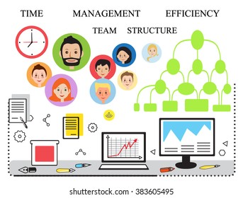 Infographics. Business people teamwork, management. Flat line design style modern vector illustration, concept team skills, website banner human resources, career opportunities, landing page. Vector
