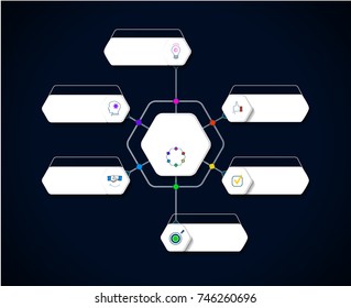 Infographics for business presentations to show different branches of some theme. Design that helps to show various solutions of one problem. Colored template with icons and input field in vector.