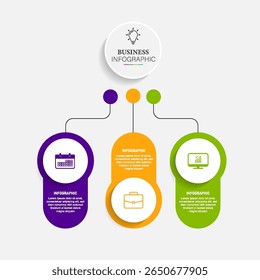 Processus d'entreprise infographie avec 3 étapes ou cercles d'options. Visualisation des données. Peut être utilisé pour la mise en page du workflow, le diagramme, la bannière, le web design. Illustration vectorielle.