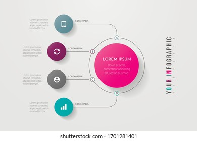 Infographics business process with 4 steps or options circles. Data visualization. Can be used for workflow layout, diagram, banner, web design. Vector illustration.